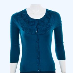 New York & Company Teal Cardigan with Floral Accents